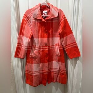 Zara Women’s Red and Pink Plaid Pea Coat